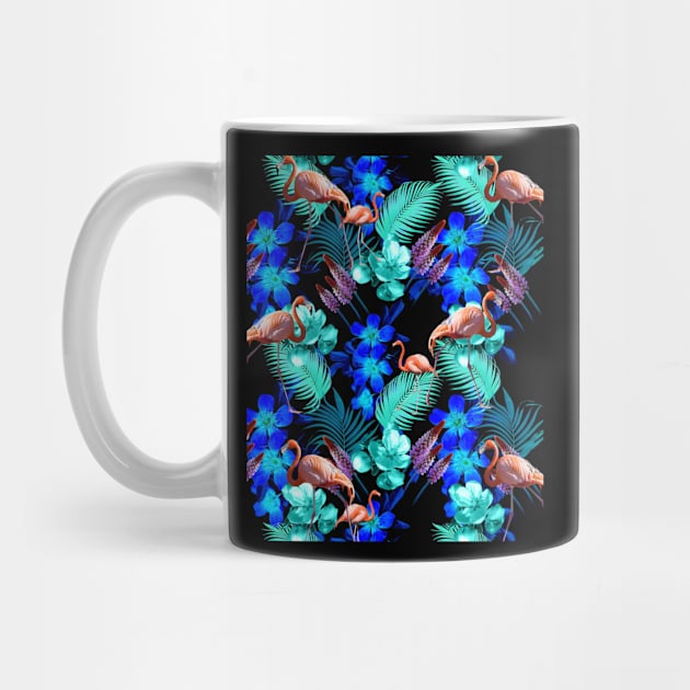 Flamingo Palm, Blue Flowers, Black by Random Galaxy